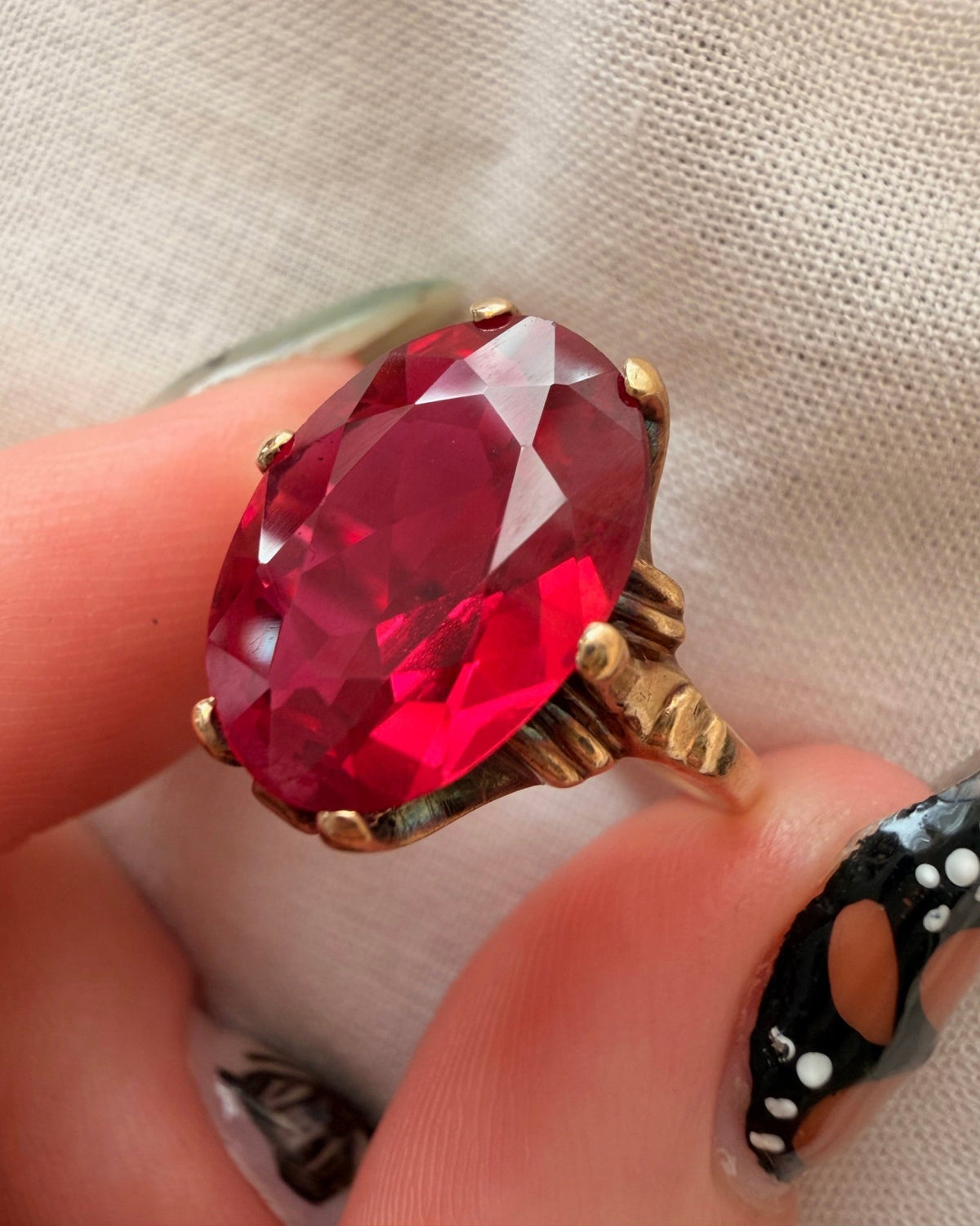 Retro Esemco 10k Yellow Gold and Synthetic Ruby Ring - Clover Collective Antiques