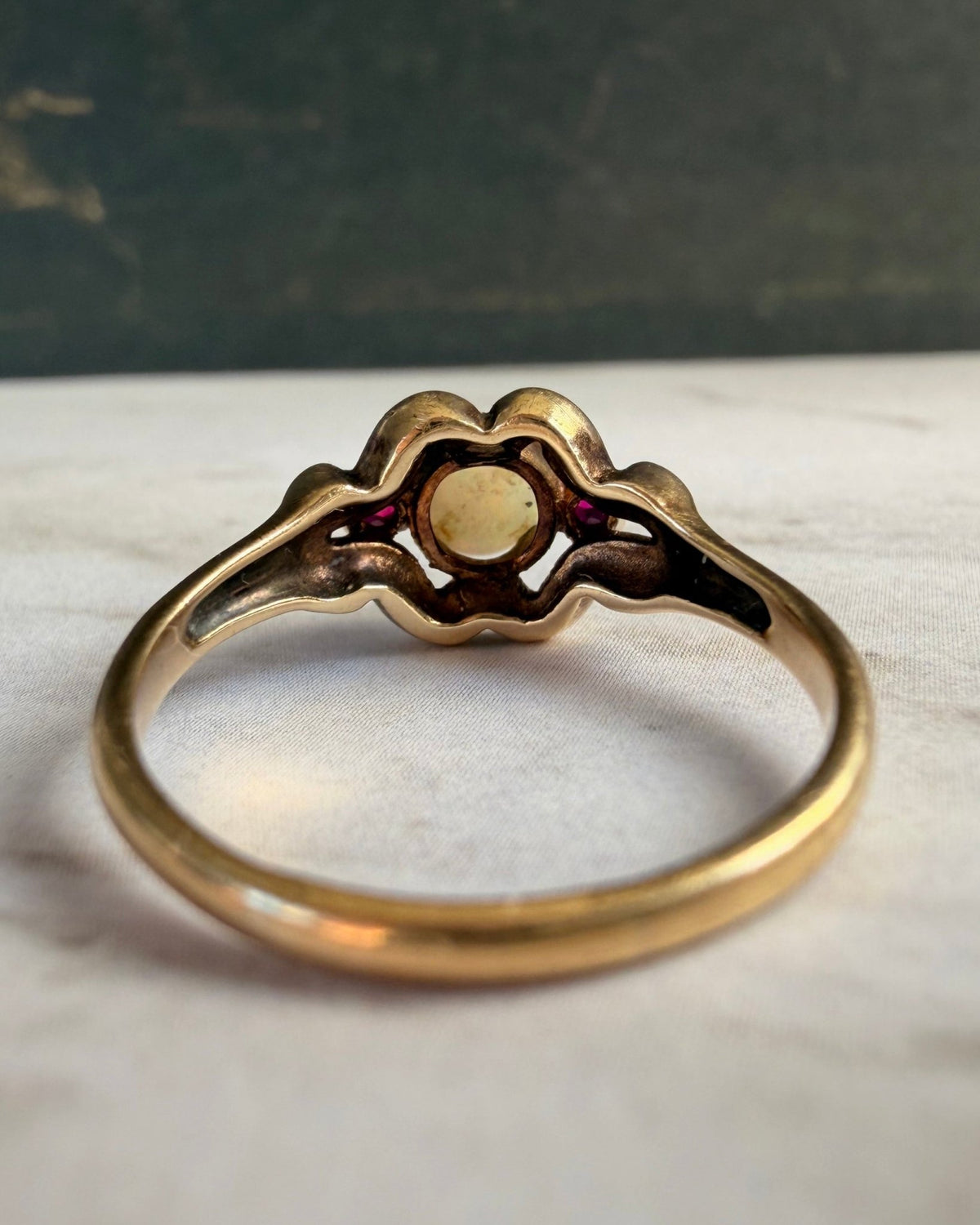 Retro Esemco 10k Yellow Gold, Opal, and Synthetic Ruby Three Stone Ring - Clover Collective Antiques