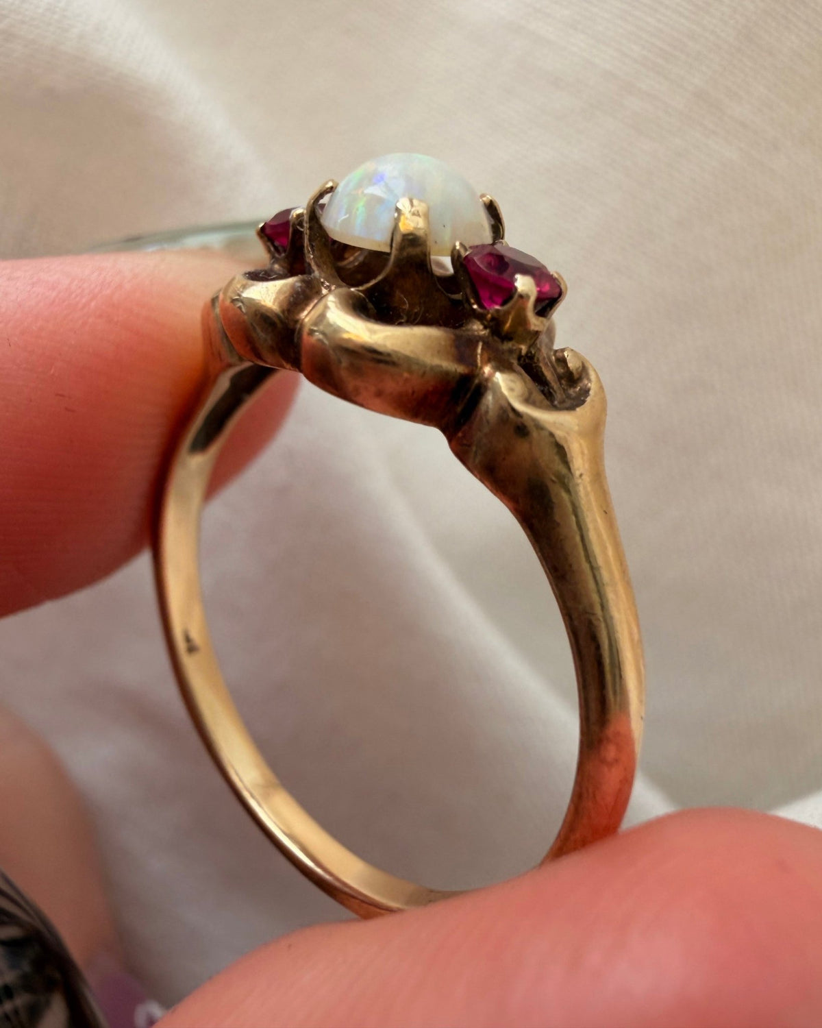 Retro Esemco 10k Yellow Gold, Opal, and Synthetic Ruby Three Stone Ring - Clover Collective Antiques