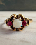 Retro Esemco 10k Yellow Gold, Opal, and Synthetic Ruby Three Stone Ring - Clover Collective Antiques