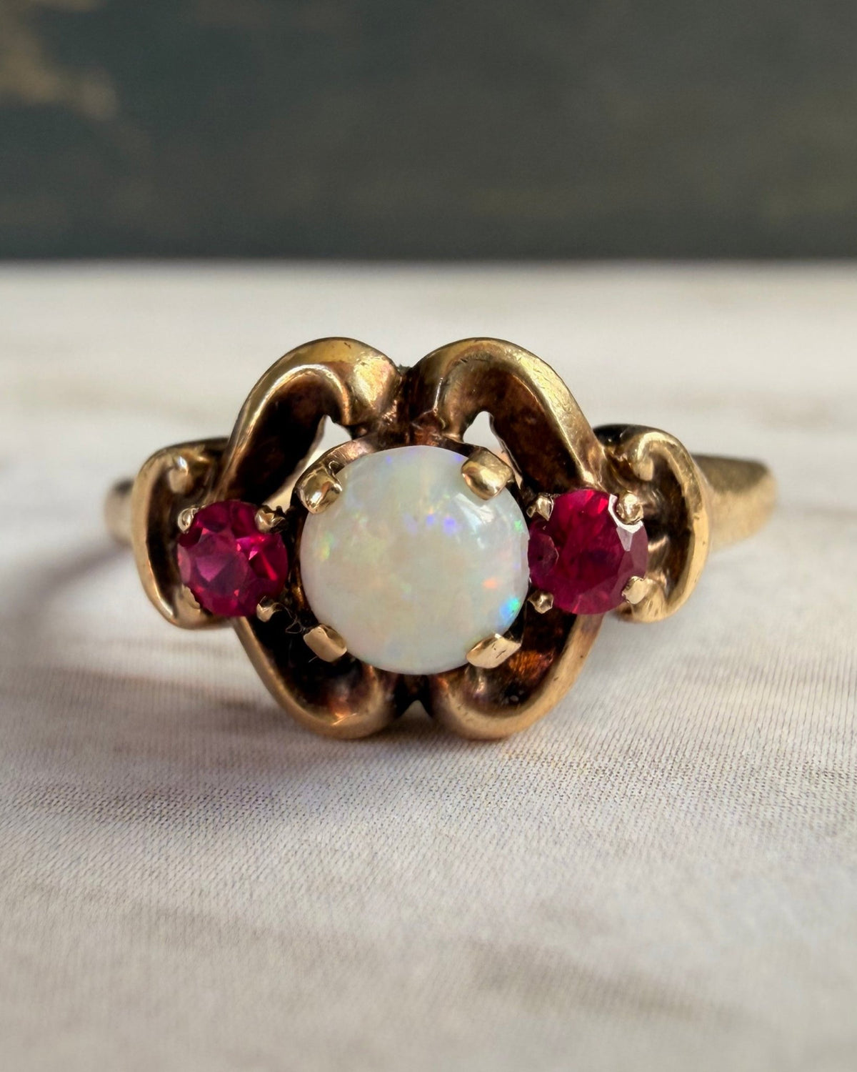 Retro Esemco 10k Yellow Gold, Opal, and Synthetic Ruby Three Stone Ring - Clover Collective Antiques