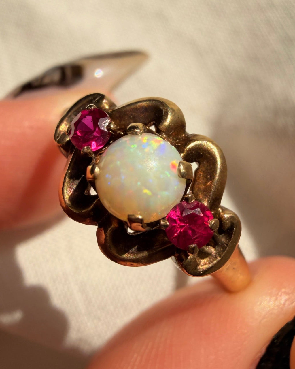 Retro Esemco 10k Yellow Gold, Opal, and Synthetic Ruby Three Stone Ring - Clover Collective Antiques