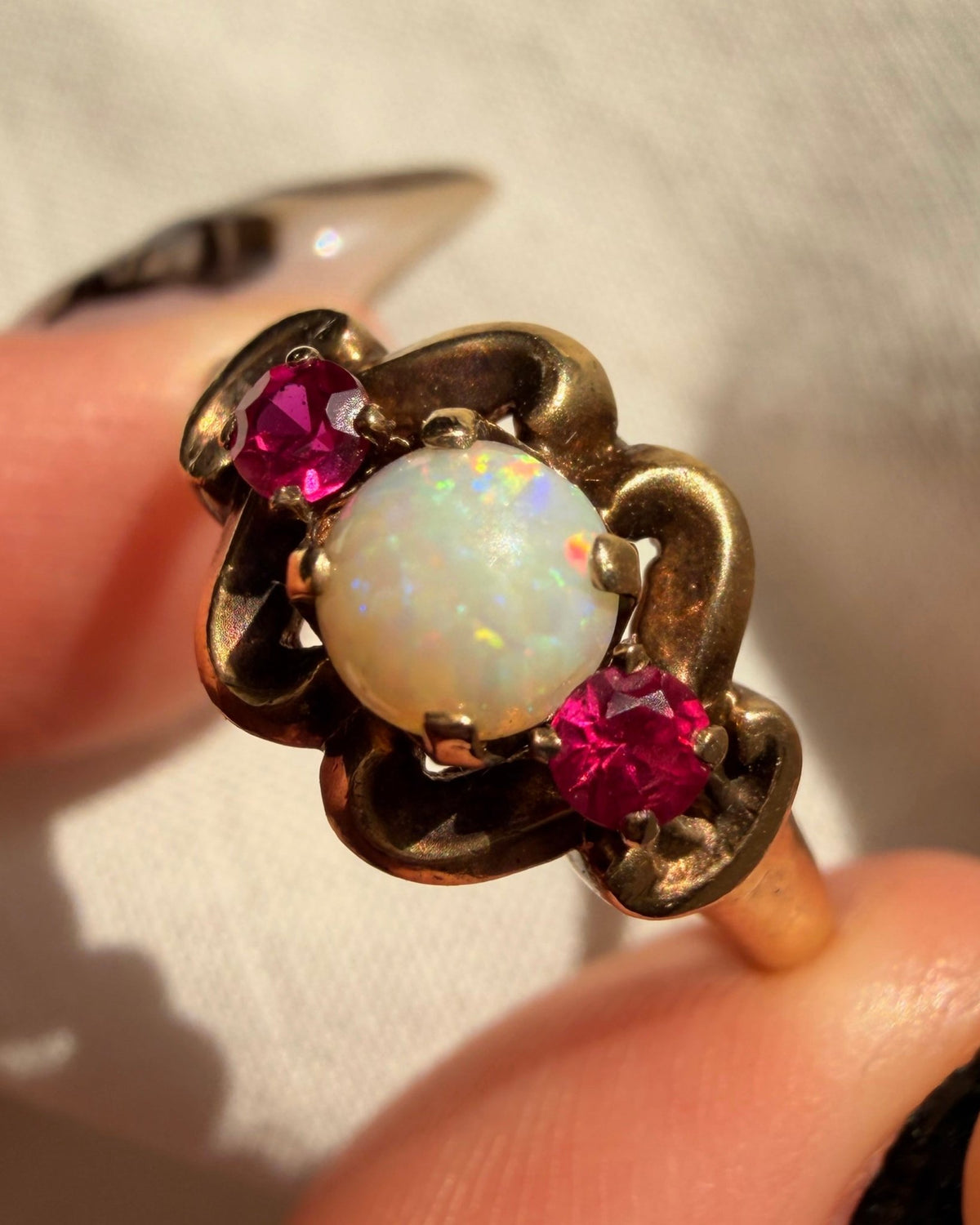 Retro Esemco 10k Yellow Gold, Opal, and Synthetic Ruby Three Stone Ring - Clover Collective Antiques