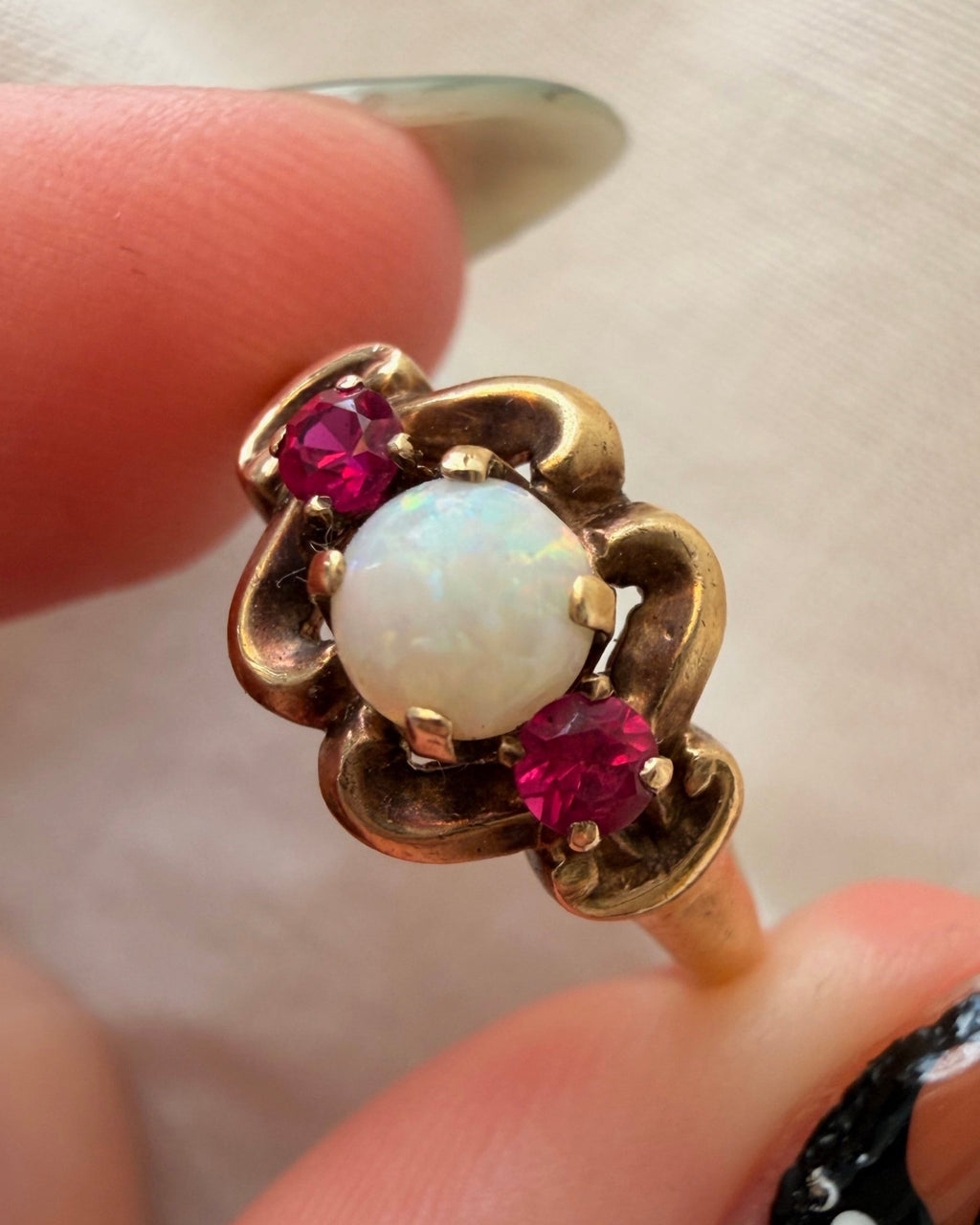 Retro Esemco 10k Yellow Gold, Opal, and Synthetic Ruby Three Stone Ring - Clover Collective Antiques