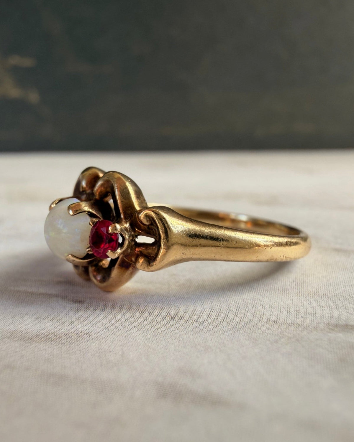 Retro Esemco 10k Yellow Gold, Opal, and Synthetic Ruby Three Stone Ring - Clover Collective Antiques