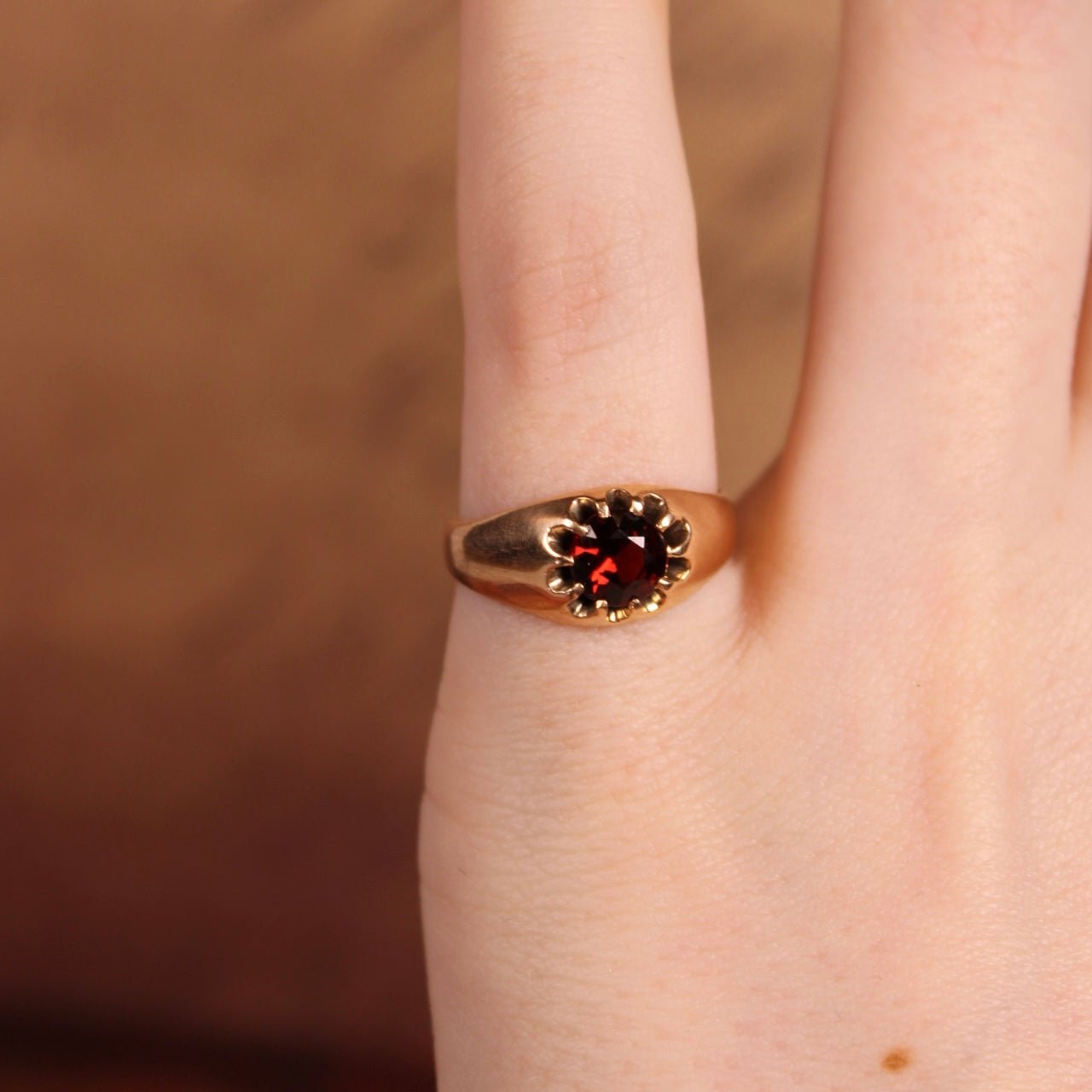 Victorian 10k Rose Gold and Garnet Belcher Ring - Clover Collective Antiques