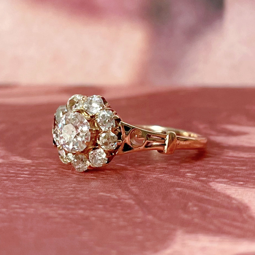 Victorian 10K Rose Gold and Old Mine Cut Diamond Cluster Ring - Clover Collective Antiques