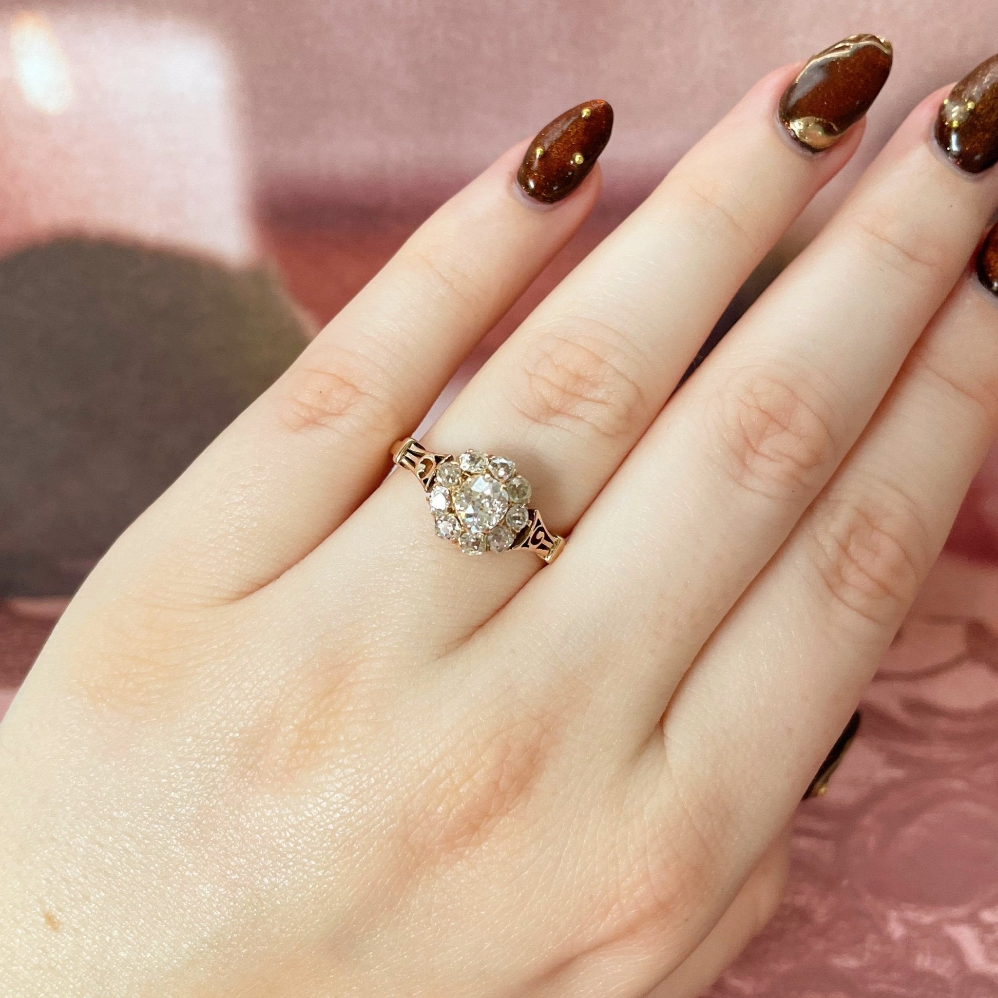 Victorian 10K Rose Gold and Old Mine Cut Diamond Cluster Ring - Clover Collective Antiques