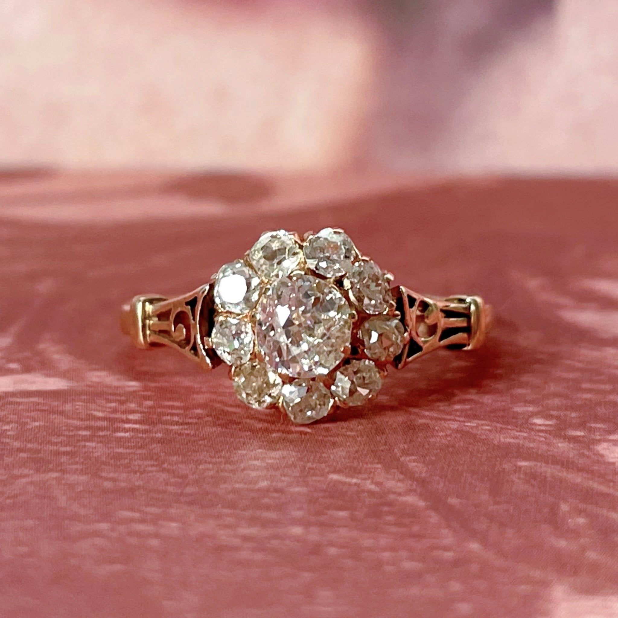 Victorian 10K Rose Gold and Old Mine Cut Diamond Cluster Ring - Clover Collective Antiques