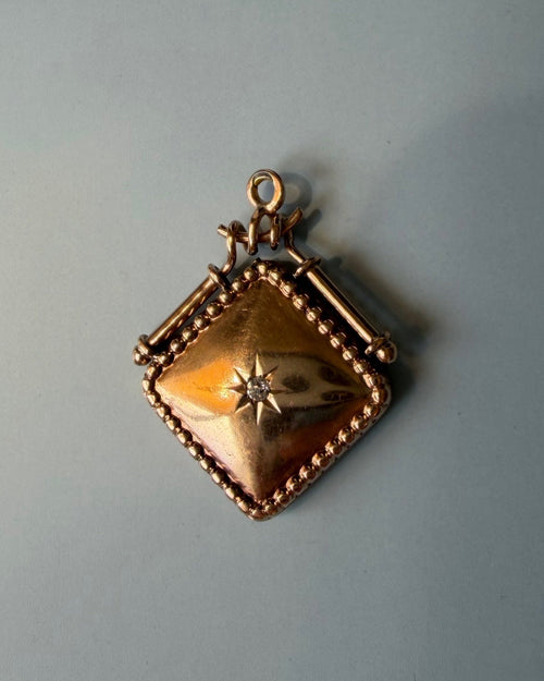 Victorian 10k Rose Gold and Old Mine Cut Diamond Star Square Locket Pendant - Clover Collective Antiques