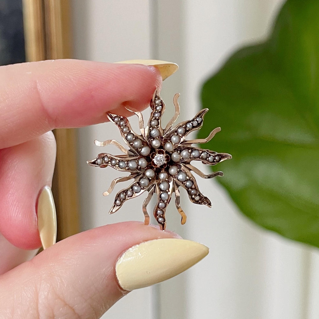 Victorian 10k Rose Gold, Diamond, and Seed Pearl Starburst Sunburst Celestial Brooch/Pendant - Clover Collective Antiques
