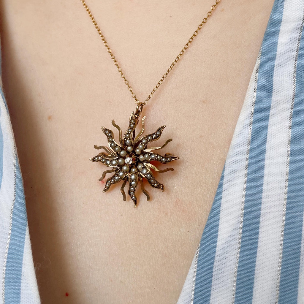 Victorian 10k Rose Gold, Diamond, and Seed Pearl Starburst Sunburst Celestial Brooch/Pendant - Clover Collective Antiques