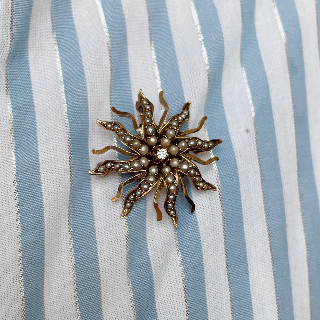 Victorian 10k Rose Gold, Diamond, and Seed Pearl Starburst Sunburst Celestial Brooch/Pendant - Clover Collective Antiques