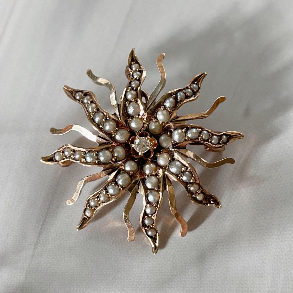 Victorian 10k Rose Gold, Diamond, and Seed Pearl Starburst Sunburst Celestial Brooch/Pendant - Clover Collective Antiques