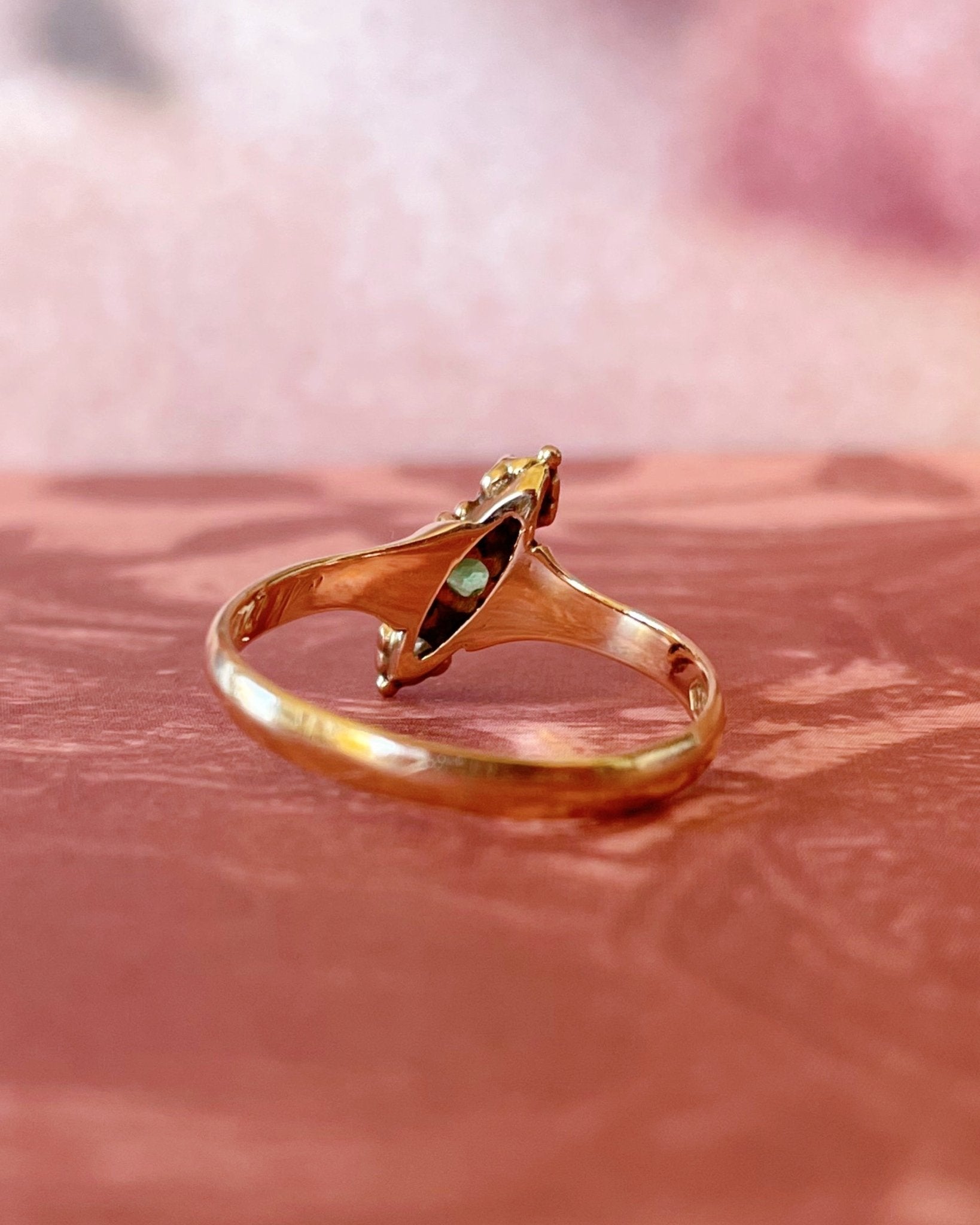 Victorian 10k Rose Gold, Emerald, and Diamond Navette Ring - Clover Collective Antiques