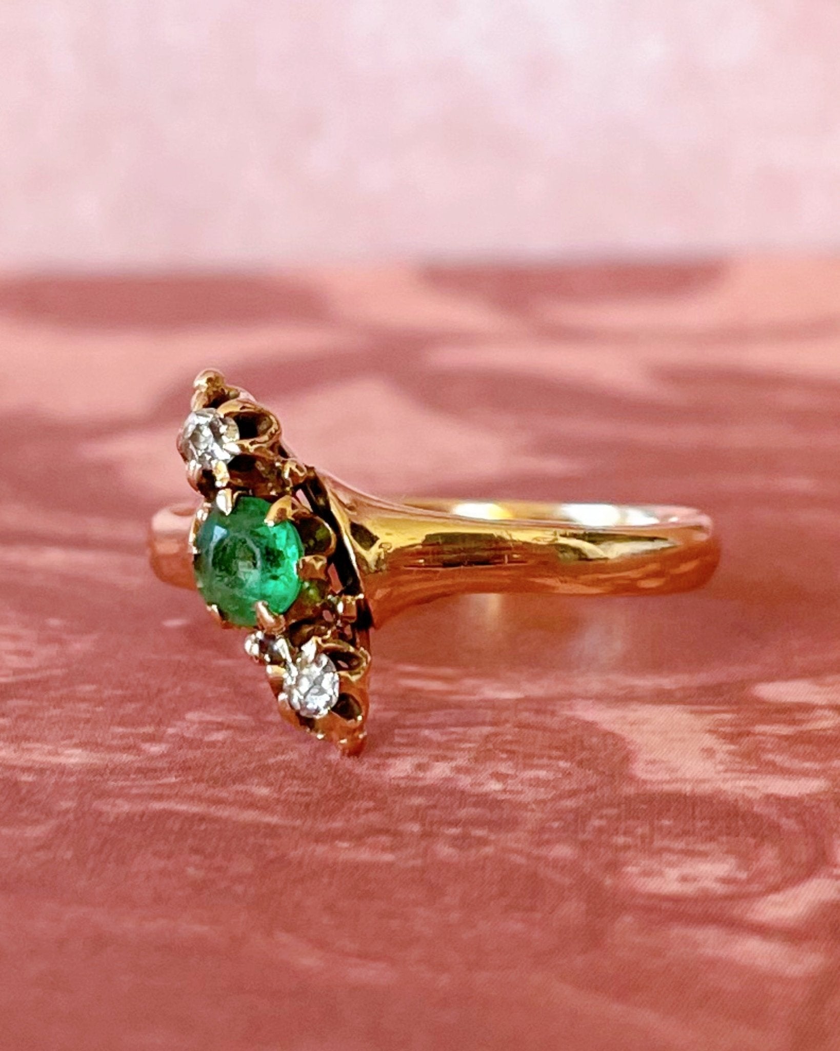 Victorian 10k Rose Gold, Emerald, and Diamond Navette Ring - Clover Collective Antiques