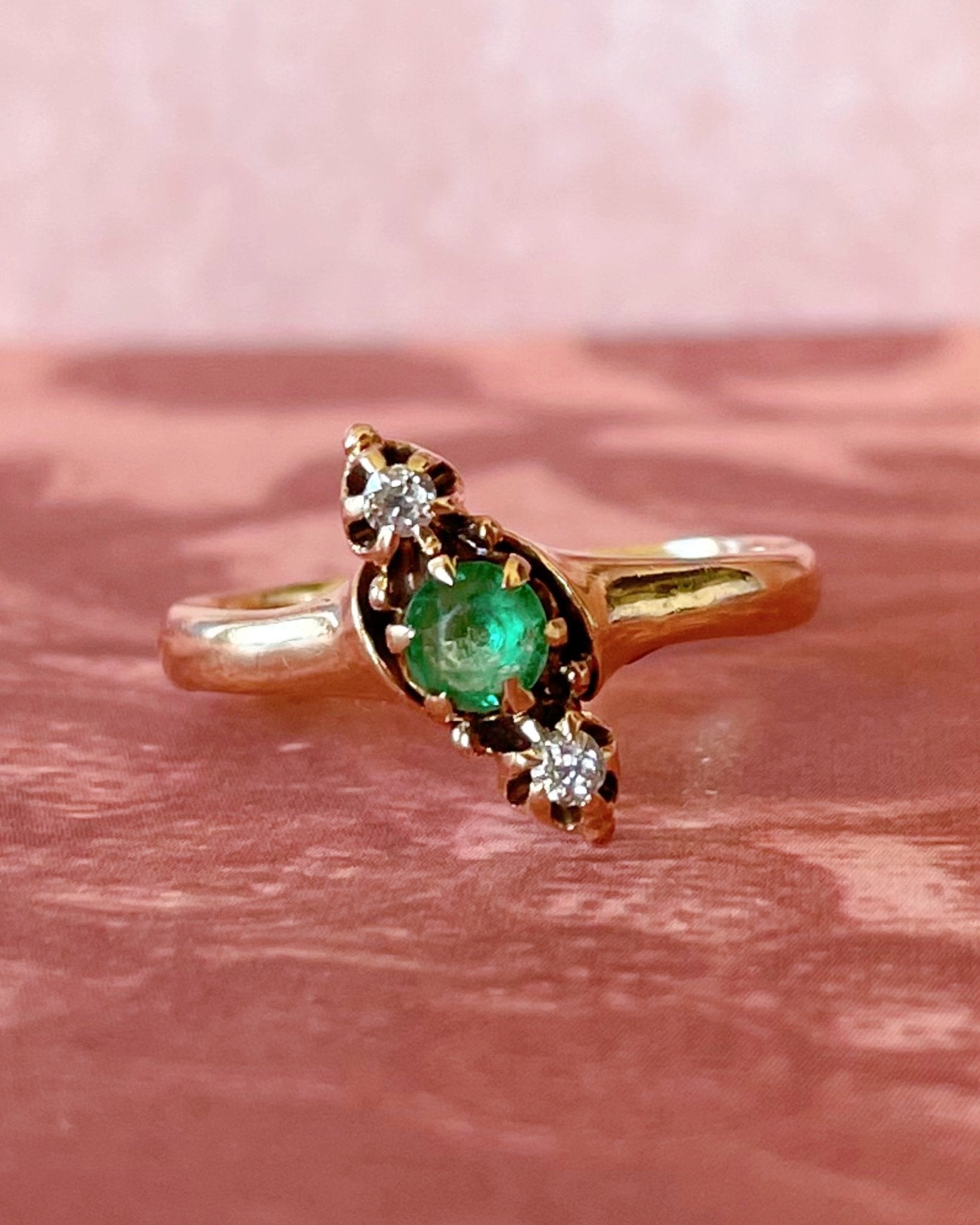 Victorian 10k Rose Gold, Emerald, and Diamond Navette Ring - Clover Collective Antiques