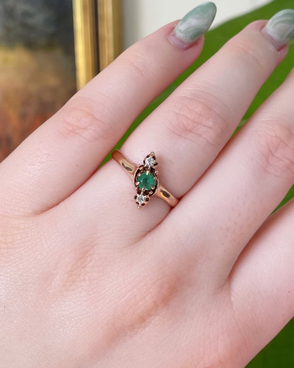 Victorian 10k Rose Gold, Emerald, and Diamond Navette Ring - Clover Collective Antiques