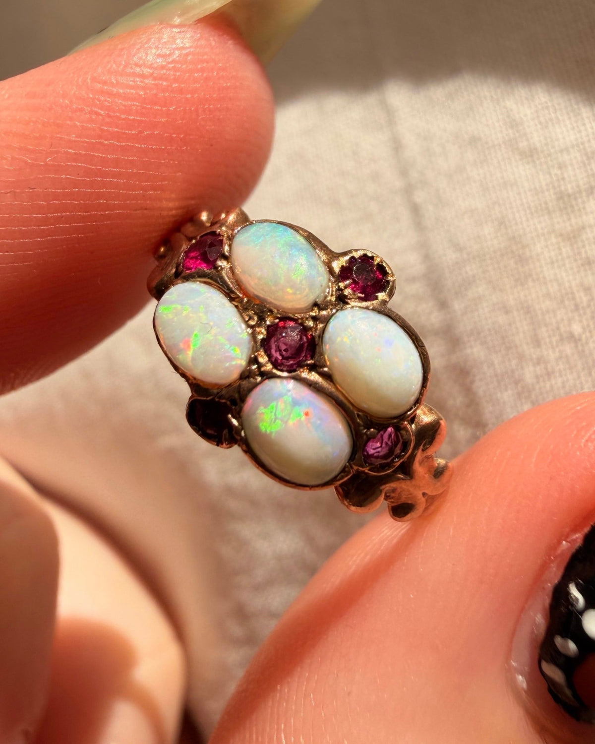 Victorian 10k Rose Gold, Opal, and Ruby Ring - Clover Collective Antiques