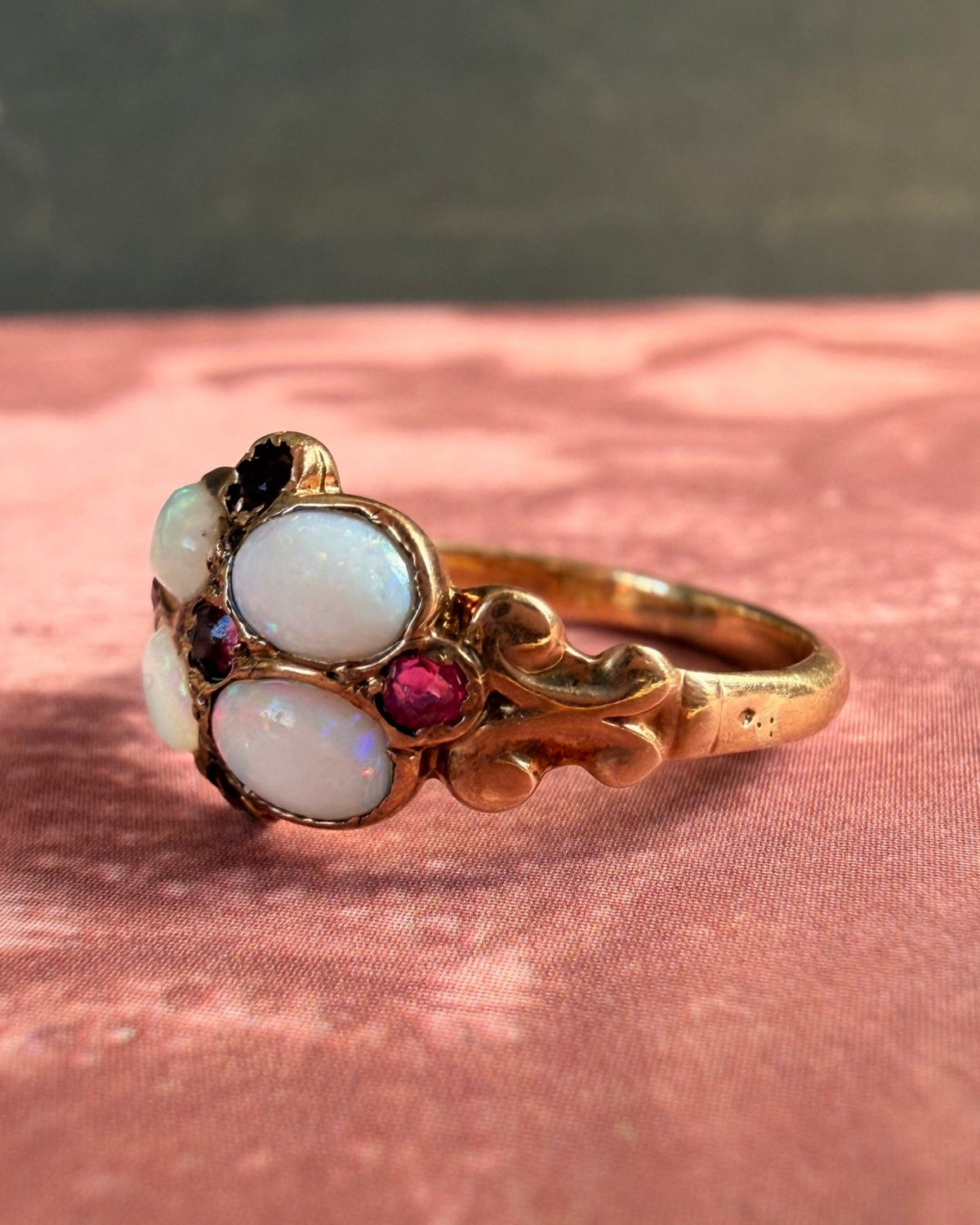 Victorian 10k Rose Gold, Opal, and Ruby Ring - Clover Collective Antiques
