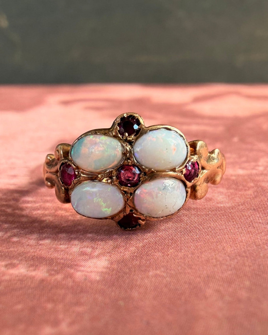Victorian 10k Rose Gold, Opal, and Ruby Ring - Clover Collective Antiques