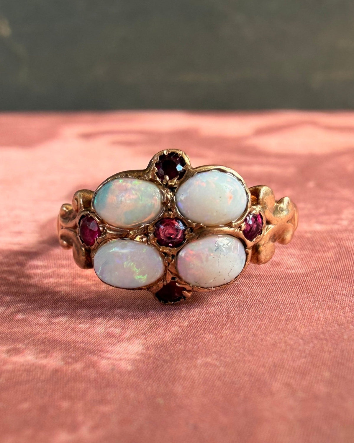 Victorian 10k Rose Gold, Opal, and Ruby Ring - Clover Collective Antiques