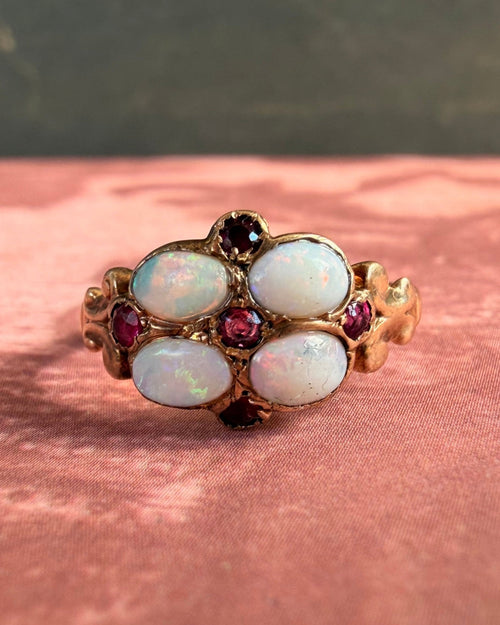 Victorian 10k Rose Gold, Opal, and Ruby Ring - Clover Collective Antiques