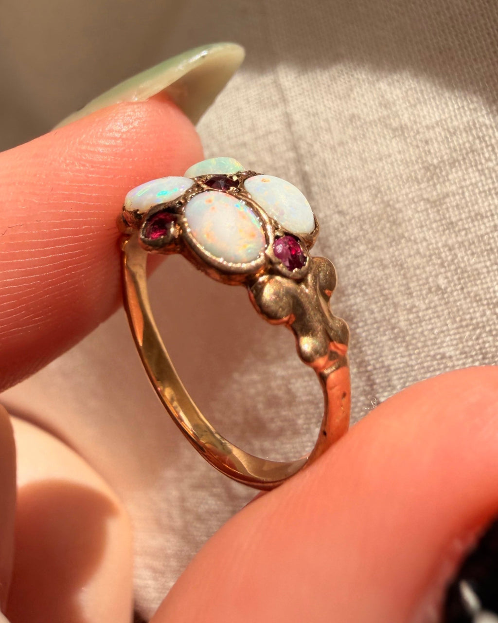 Victorian 10k Rose Gold, Opal, and Ruby Ring - Clover Collective Antiques