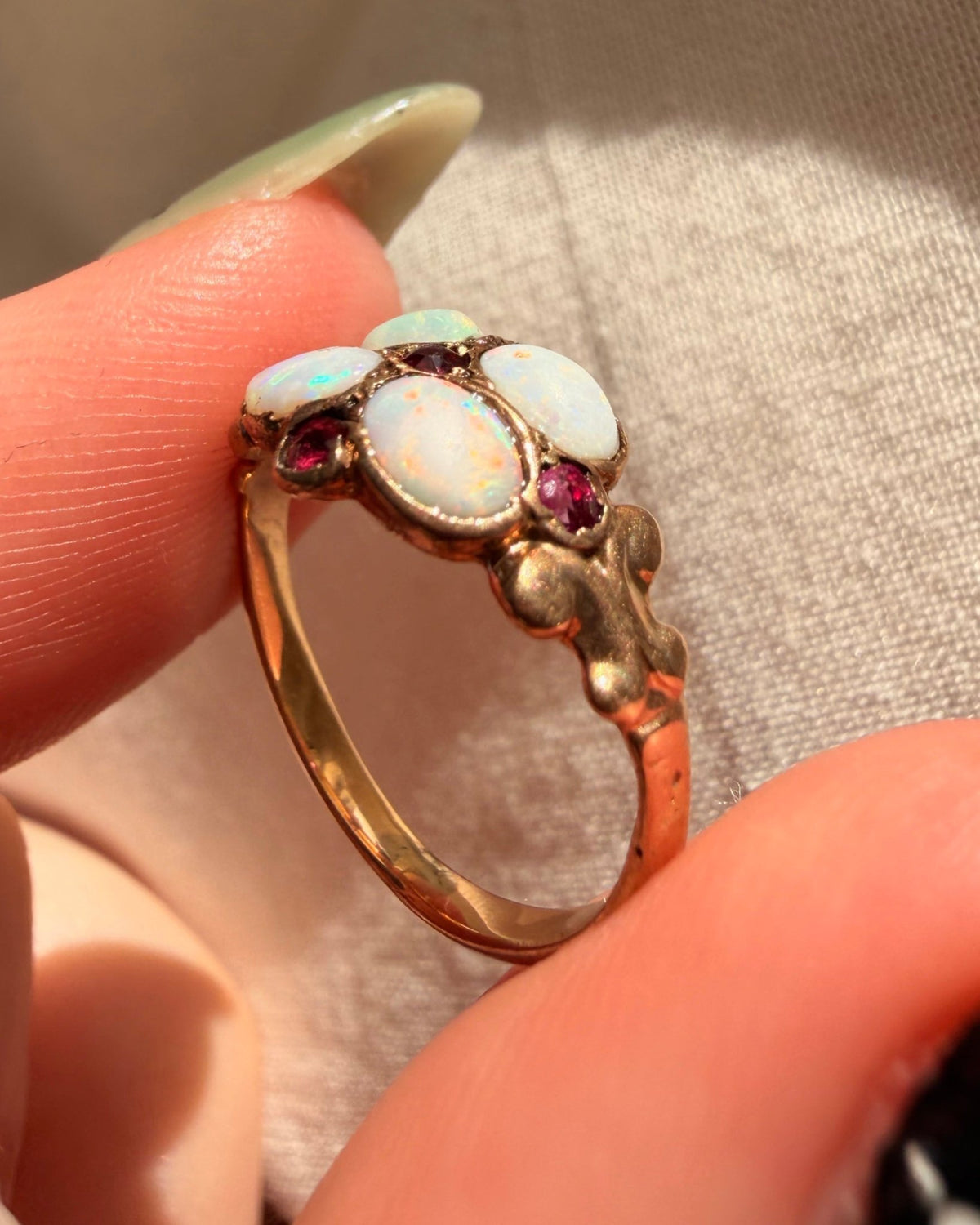 Victorian 10k Rose Gold, Opal, and Ruby Ring - Clover Collective Antiques