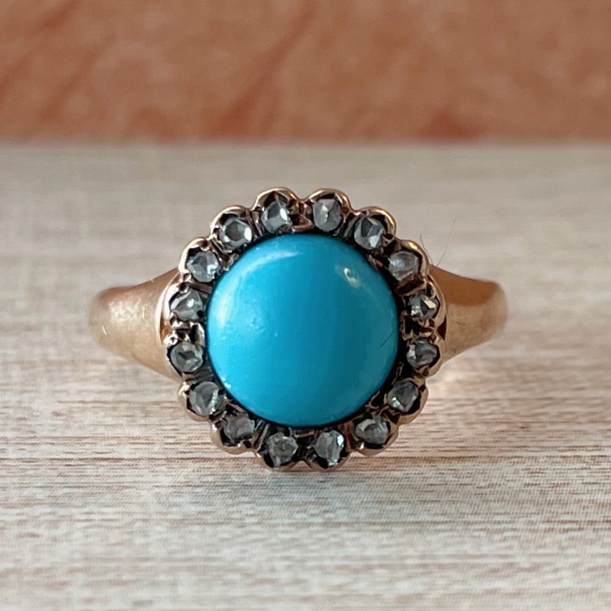 Victorian 10k Rose Gold, Persian Turquoise, and Diamond Cluster Ring - Clover Collective Antiques