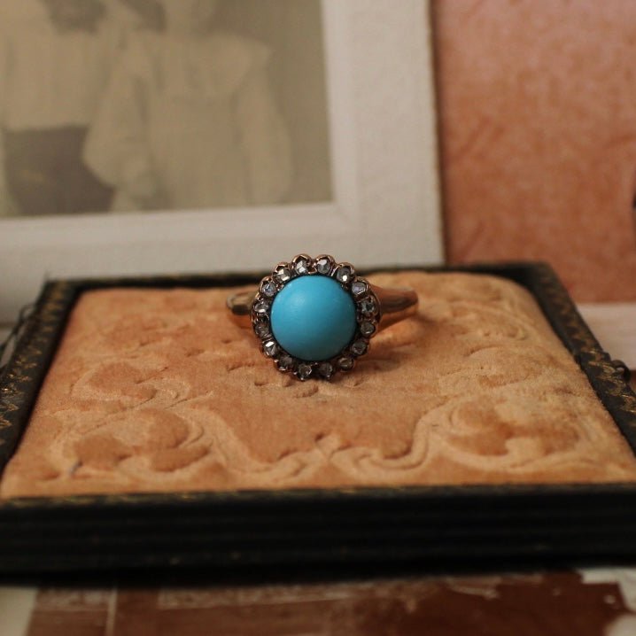 Victorian 10k Rose Gold, Persian Turquoise, and Diamond Cluster Ring - Clover Collective Antiques