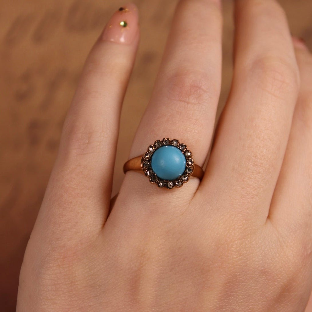 Victorian 10k Rose Gold, Persian Turquoise, and Diamond Cluster Ring - Clover Collective Antiques