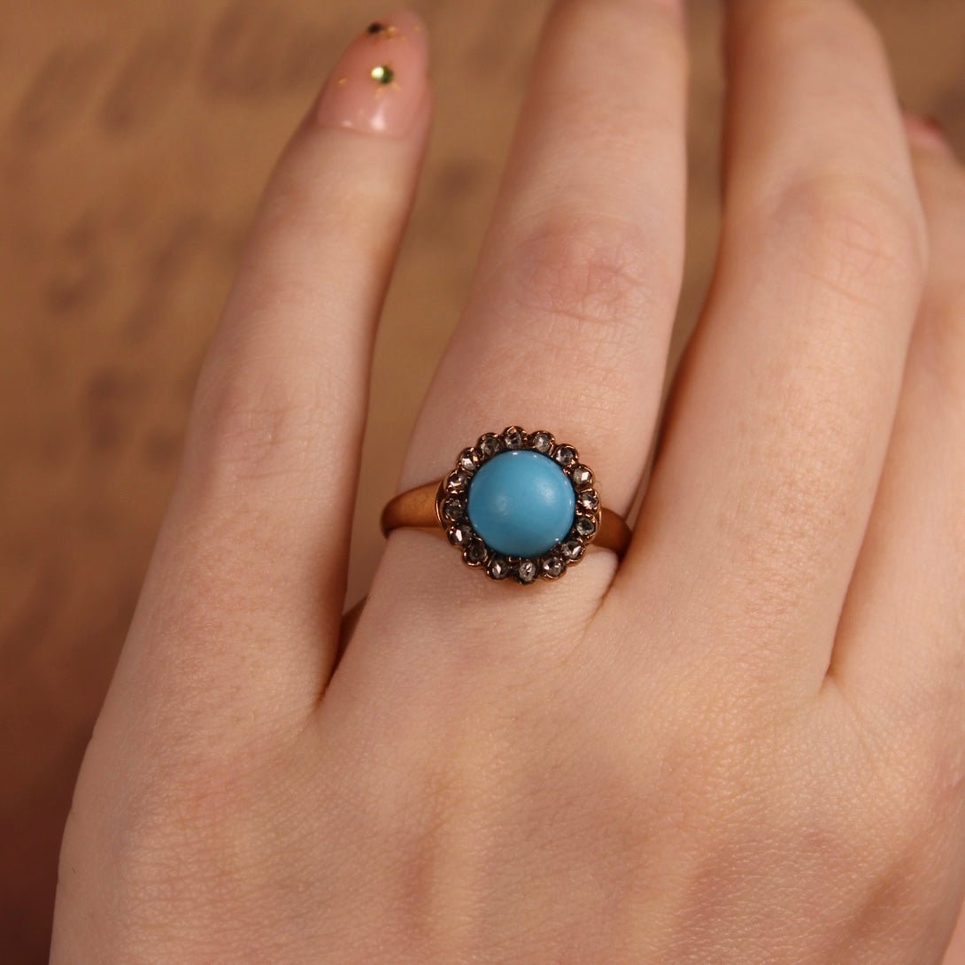 Victorian 10k Rose Gold, Persian Turquoise, and Diamond Cluster Ring - Clover Collective Antiques
