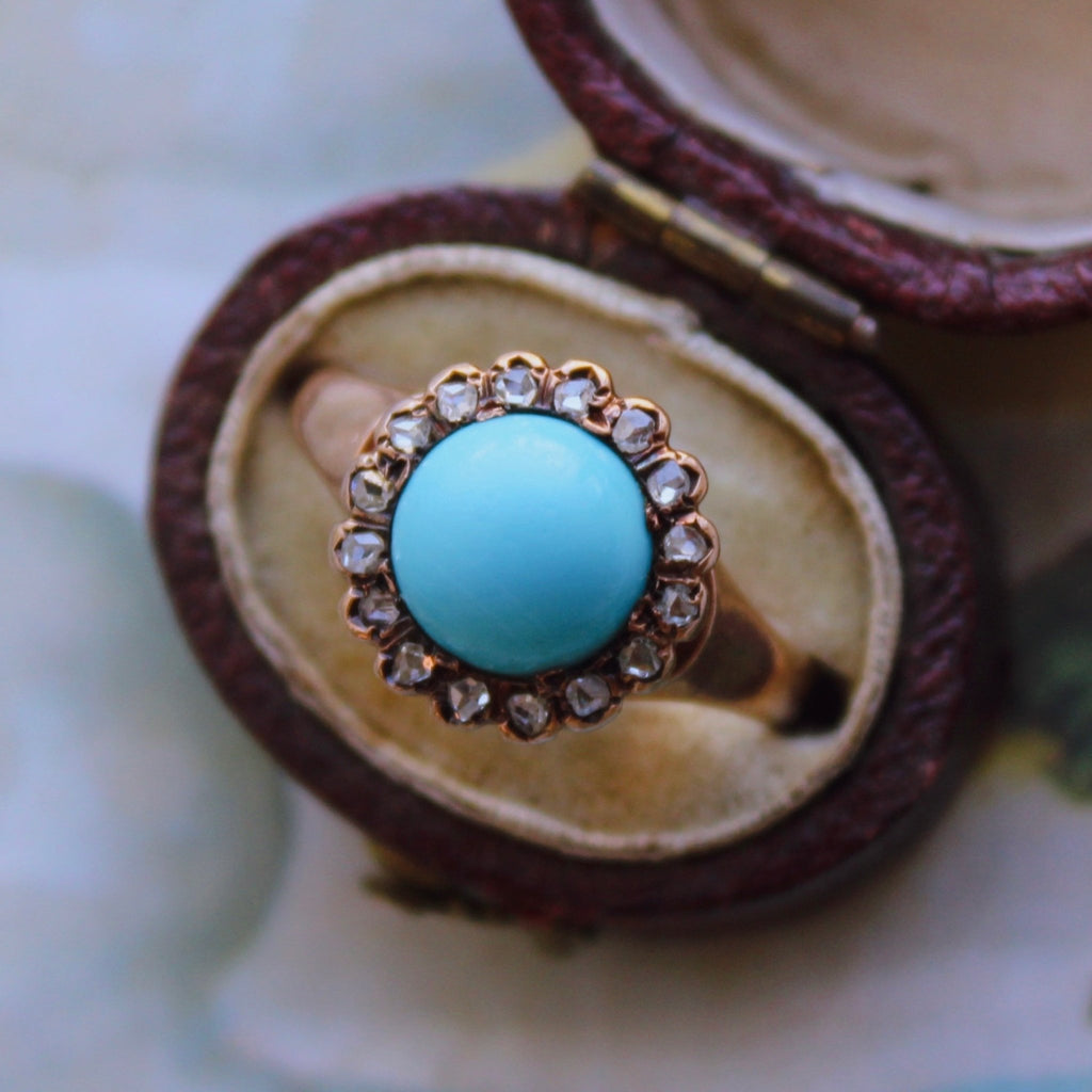 Victorian 10k Rose Gold, Persian Turquoise, and Diamond Cluster Ring - Clover Collective Antiques