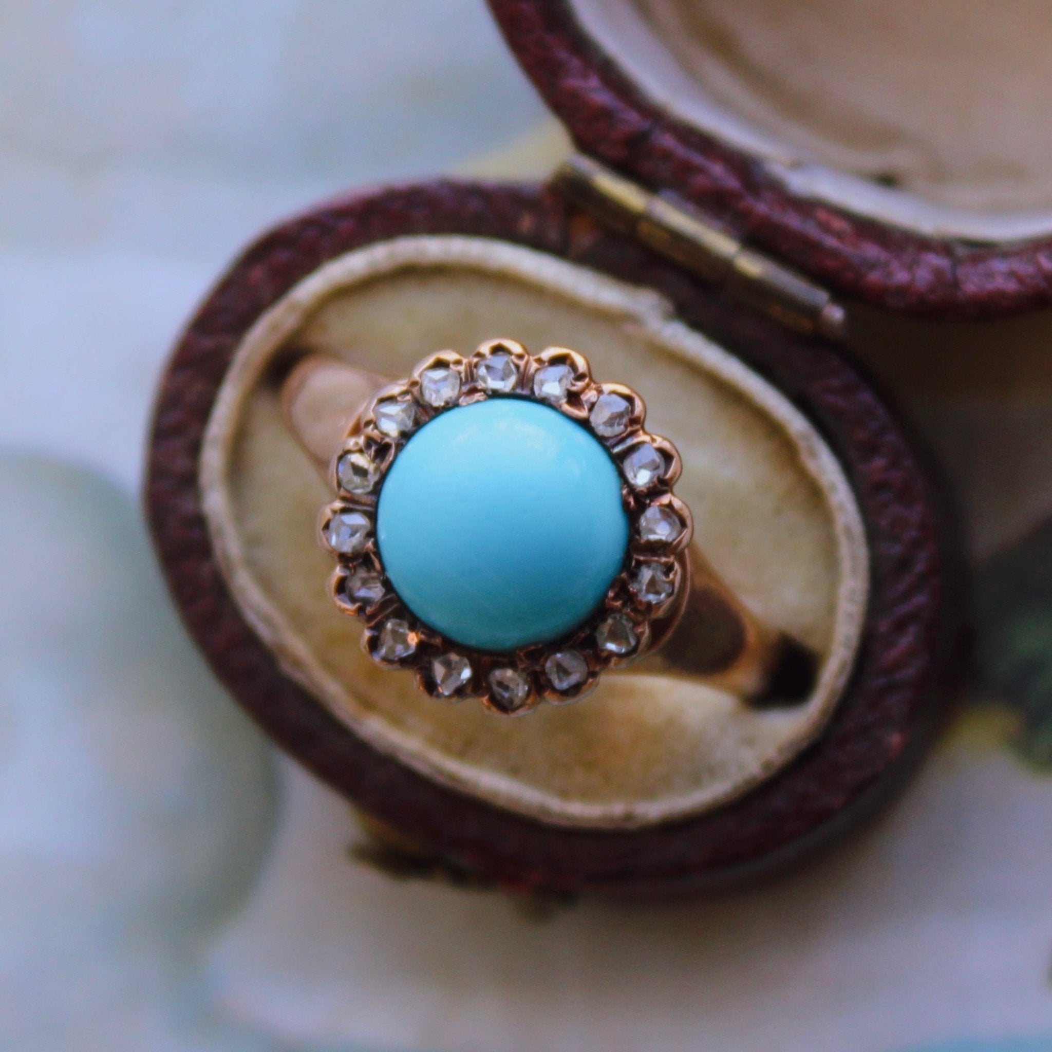 Victorian 10k Rose Gold, Persian Turquoise, and Diamond Cluster Ring - Clover Collective Antiques