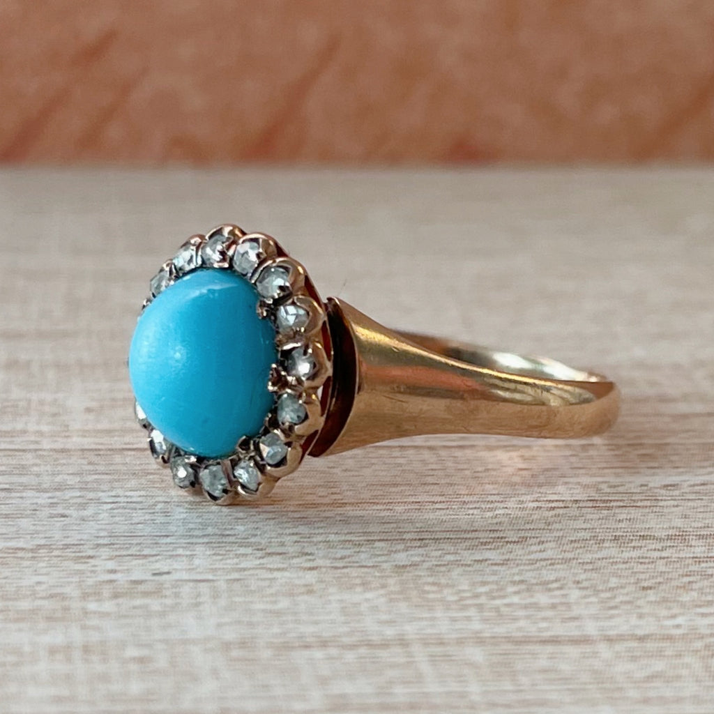 Victorian 10k Rose Gold, Persian Turquoise, and Diamond Cluster Ring - Clover Collective Antiques