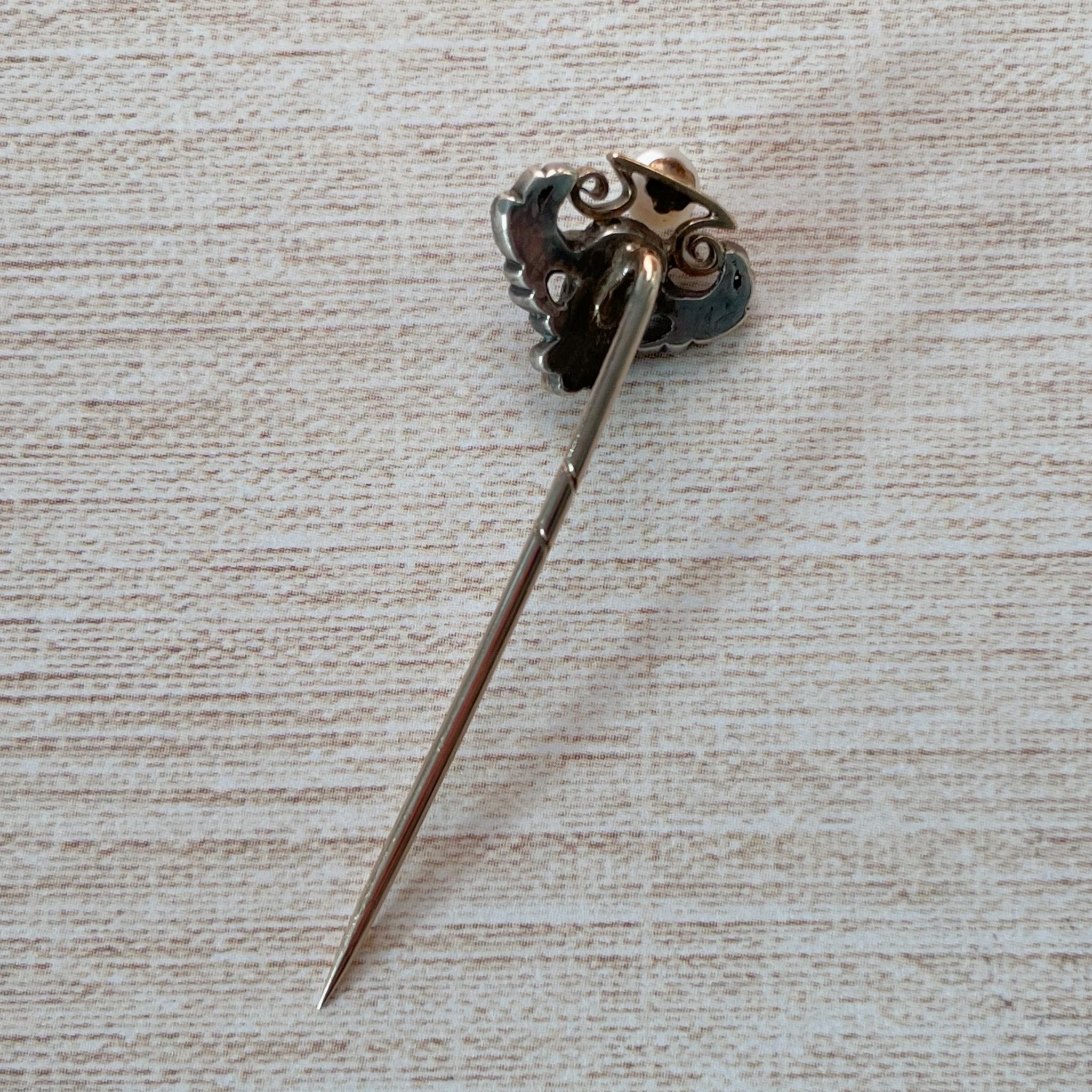Victorian 10k Rose Gold, Silver, Pearl, and Diamond Cherub Stickpin - Clover Collective Antiques