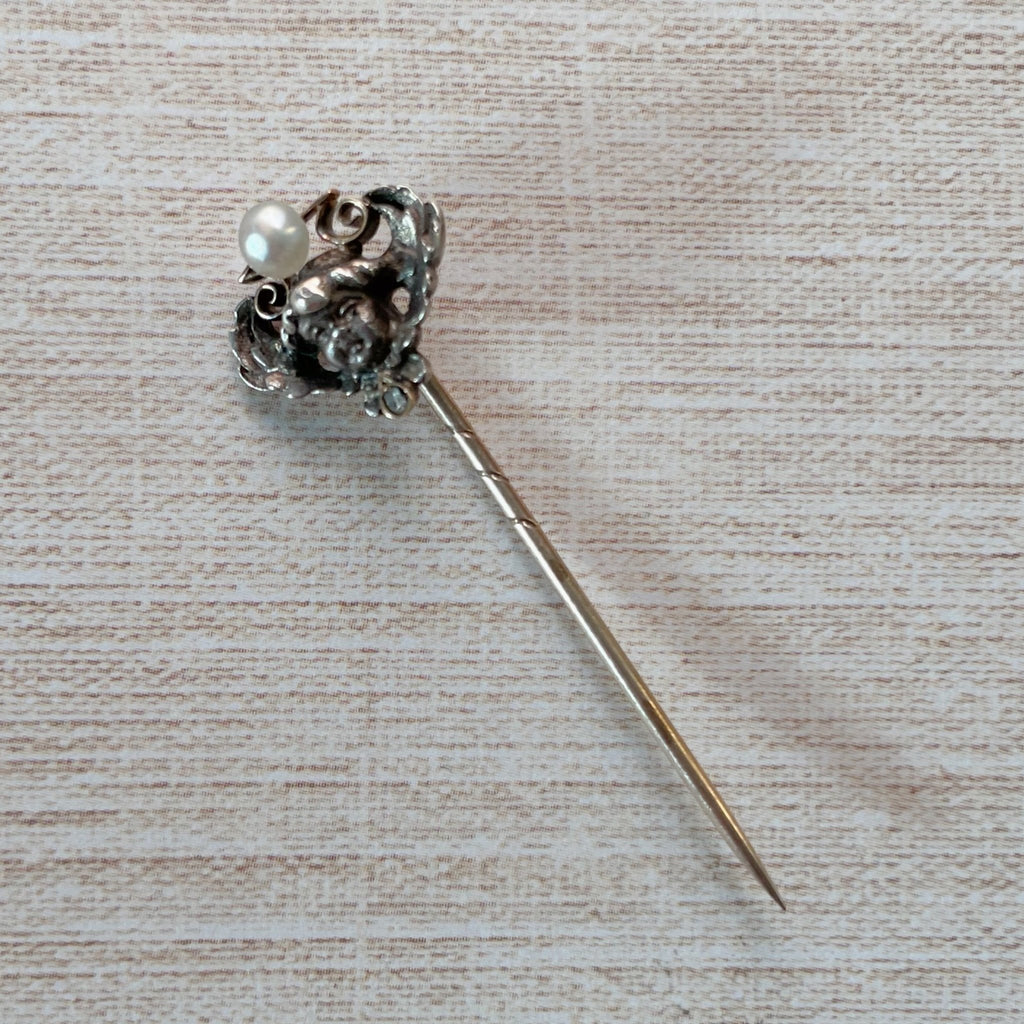 Victorian 10k Rose Gold, Silver, Pearl, and Diamond Cherub Stickpin - Clover Collective Antiques