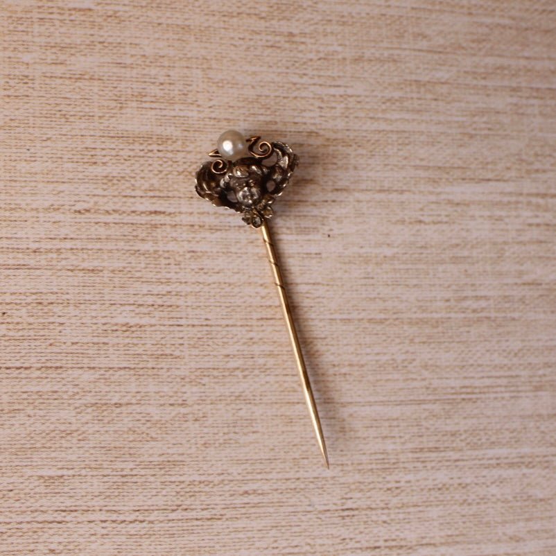 Victorian 10k Rose Gold, Silver, Pearl, and Diamond Cherub Stickpin - Clover Collective Antiques
