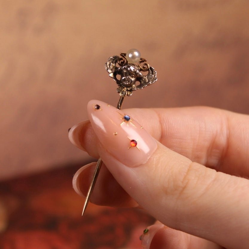 Victorian 10k Rose Gold, Silver, Pearl, and Diamond Cherub Stickpin - Clover Collective Antiques