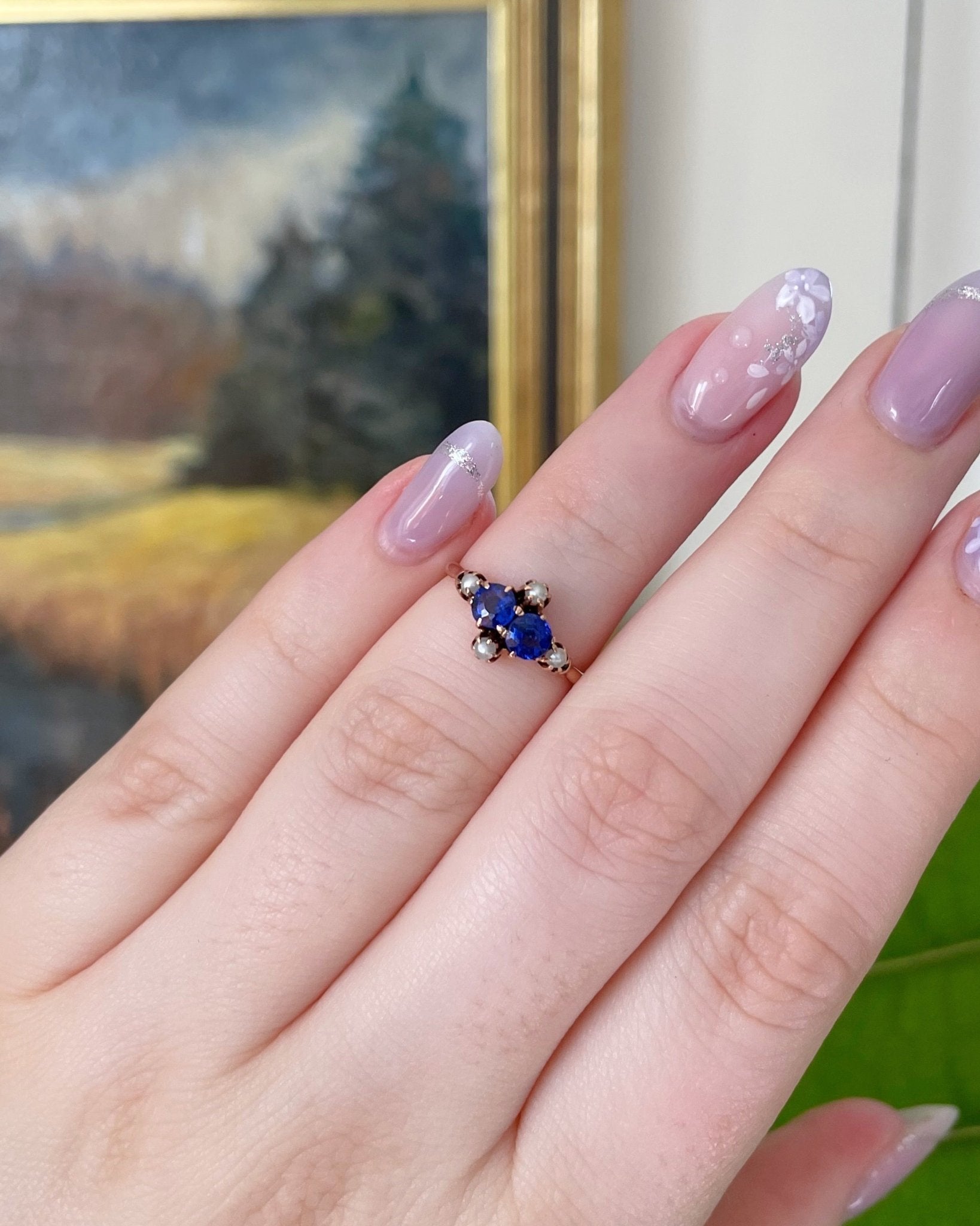 Victorian 10k Rose Gold, Synthetic Sapphire, and Pearl Ring - Clover Collective Antiques