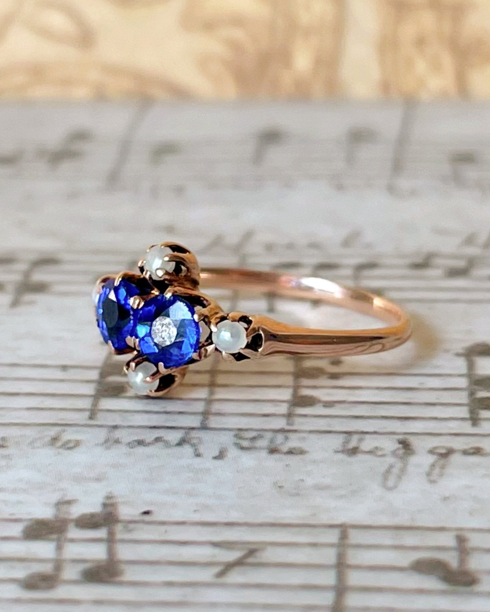 Victorian 10k Rose Gold, Synthetic Sapphire, and Pearl Ring - Clover Collective Antiques