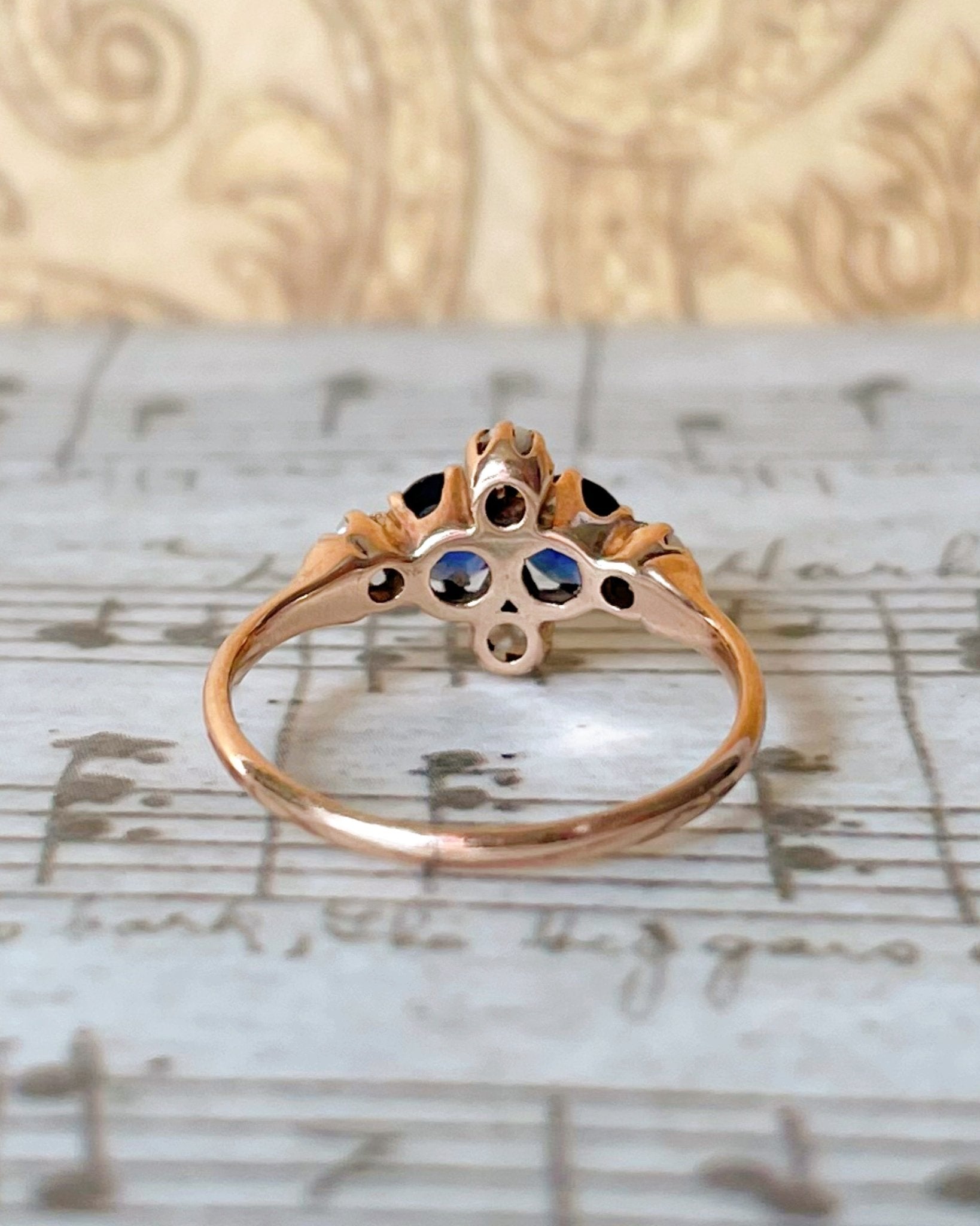 Victorian 10k Rose Gold, Synthetic Sapphire, and Pearl Ring - Clover Collective Antiques