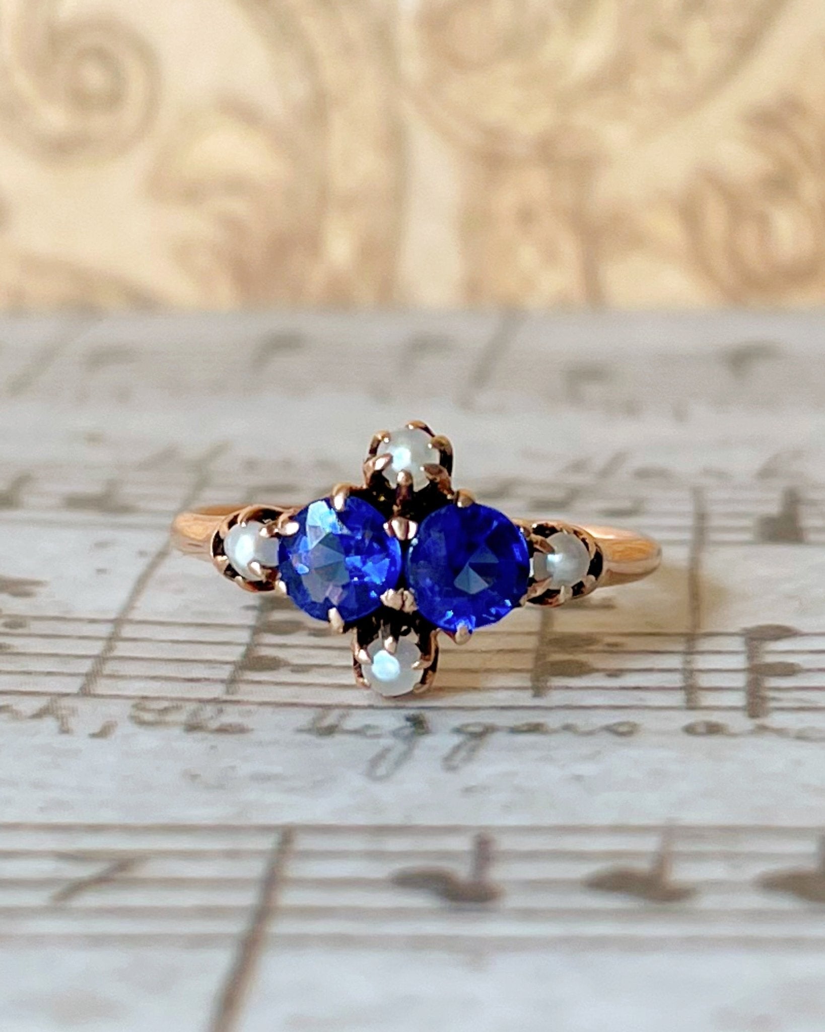Victorian 10k Rose Gold, Synthetic Sapphire, and Pearl Ring - Clover Collective Antiques