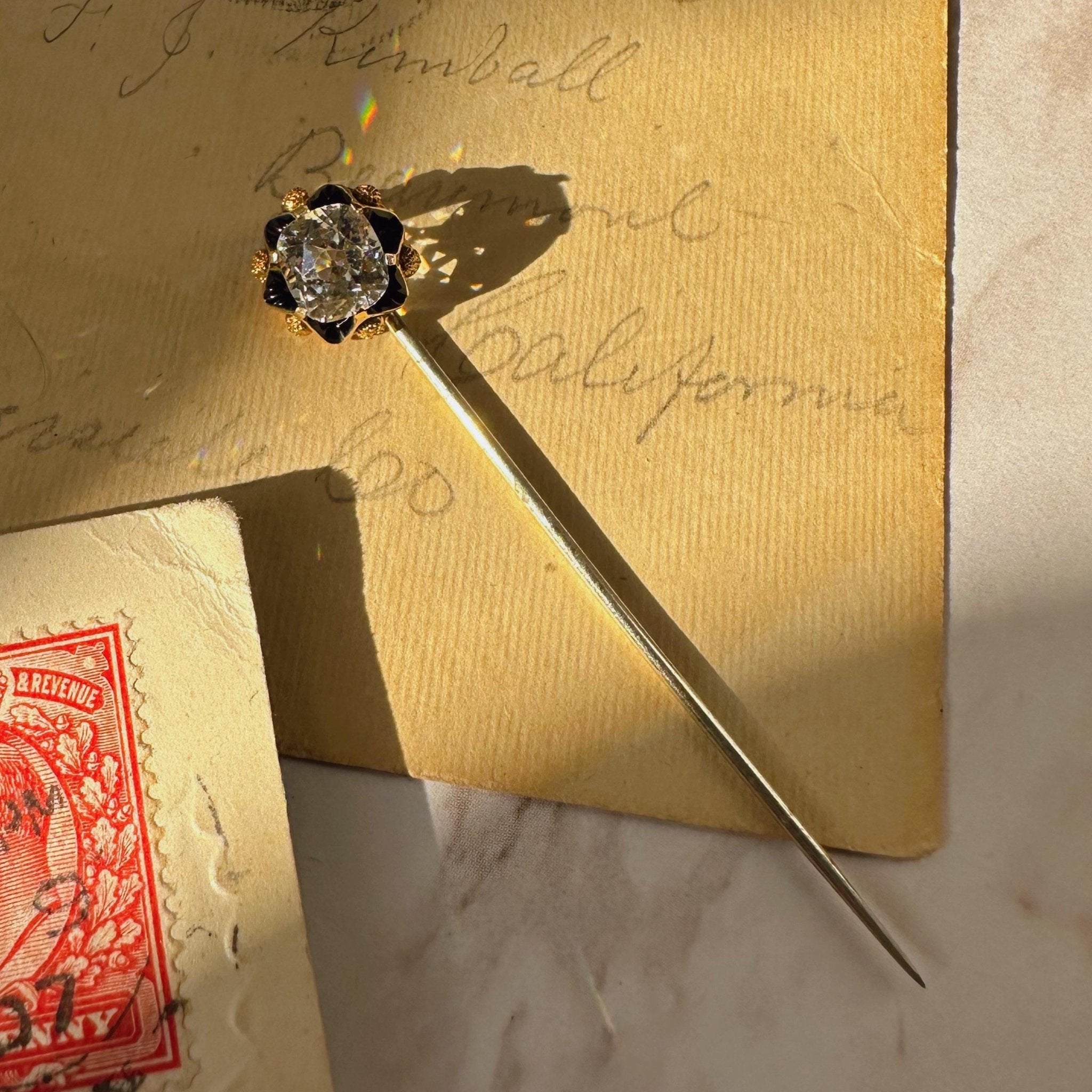 Victorian 12k Yellow Gold, Star Facet Old Mine Cut Paste, Gold - Tone, and Enamel Stickpin - Clover Collective Antiques