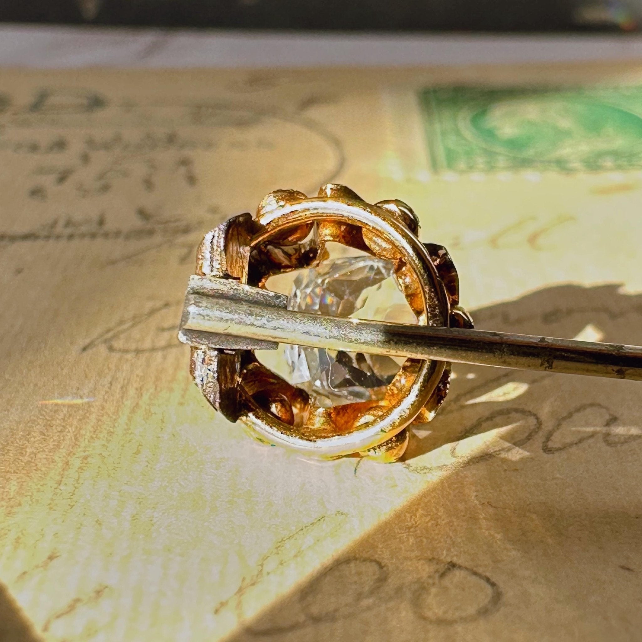 Victorian 12k Yellow Gold, Star Facet Old Mine Cut Paste, Gold - Tone, and Enamel Stickpin - Clover Collective Antiques