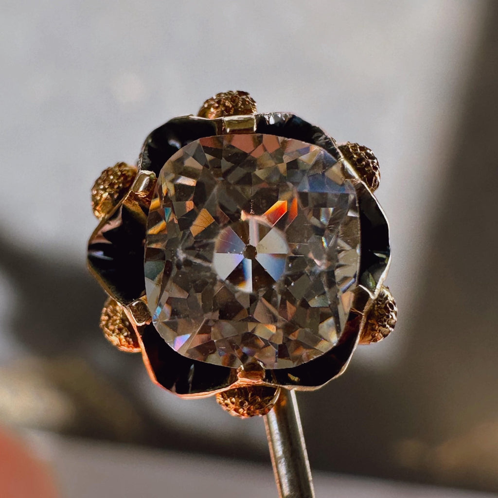 Victorian 12k Yellow Gold, Star Facet Old Mine Cut Paste, Gold - Tone, and Enamel Stickpin - Clover Collective Antiques