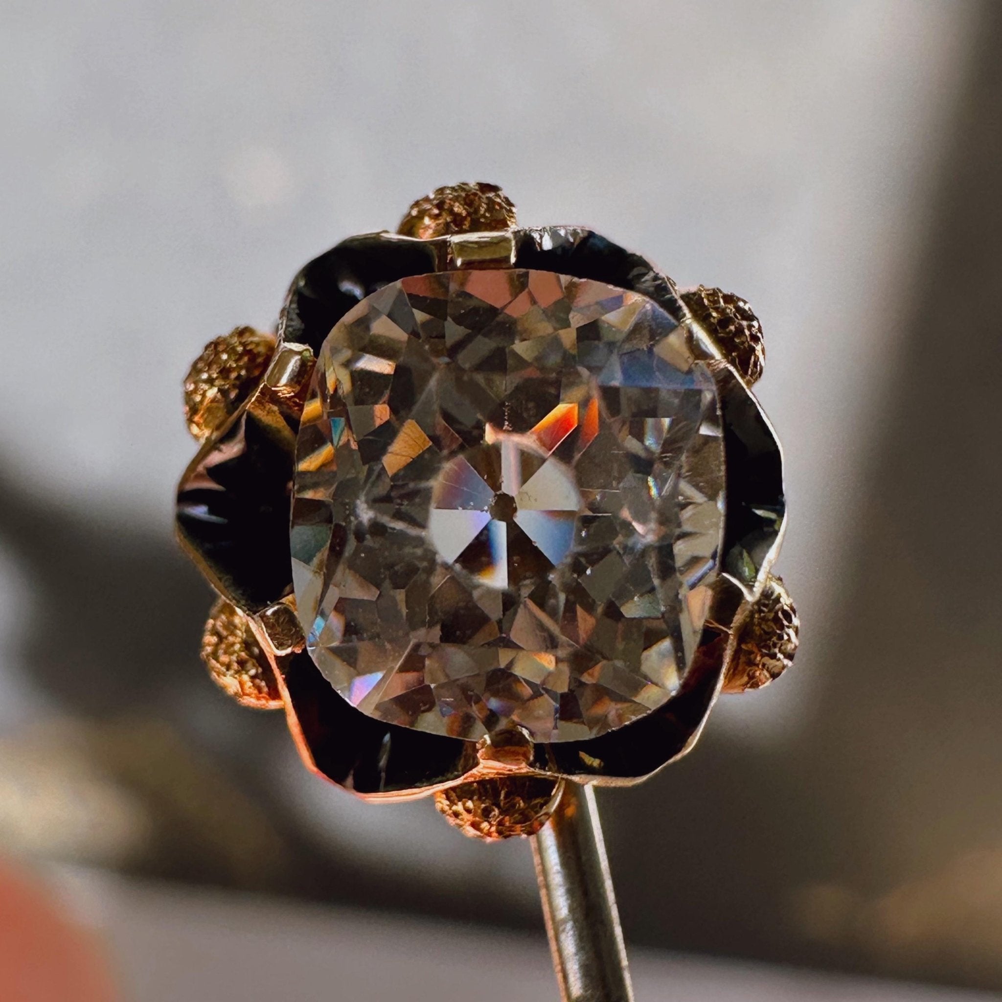 Victorian 12k Yellow Gold, Star Facet Old Mine Cut Paste, Gold - Tone, and Enamel Stickpin - Clover Collective Antiques