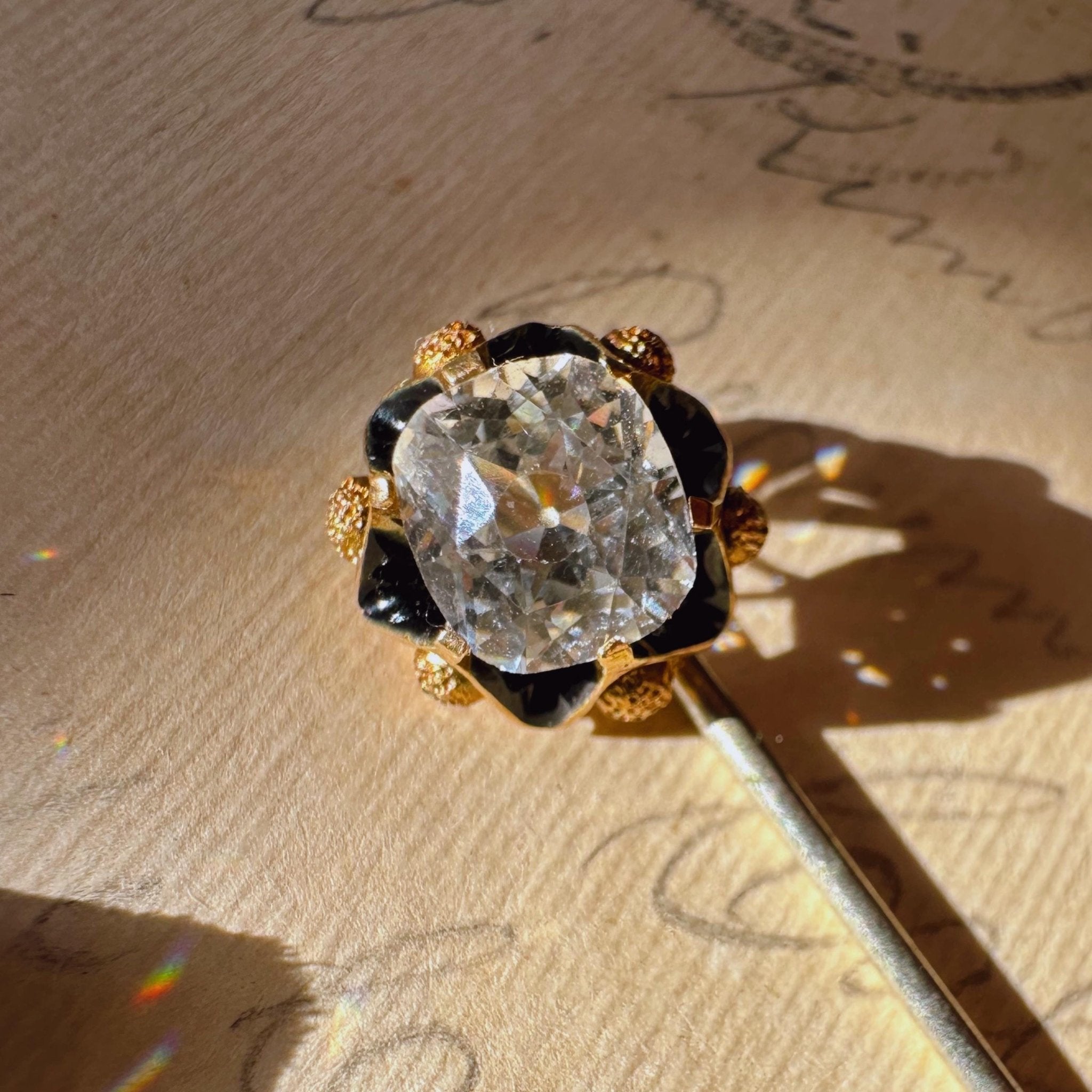 Victorian 12k Yellow Gold, Star Facet Old Mine Cut Paste, Gold - Tone, and Enamel Stickpin - Clover Collective Antiques