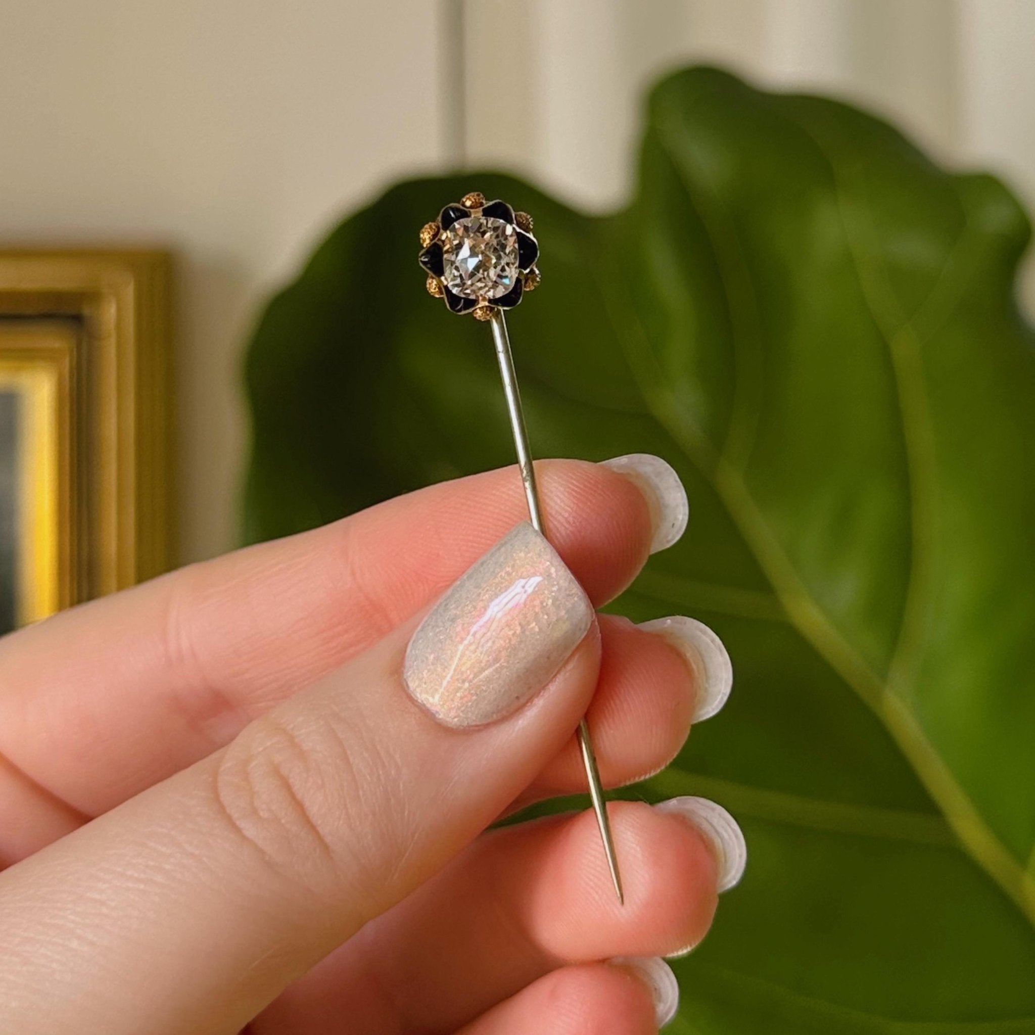 Victorian 12k Yellow Gold, Star Facet Old Mine Cut Paste, Gold - Tone, and Enamel Stickpin - Clover Collective Antiques